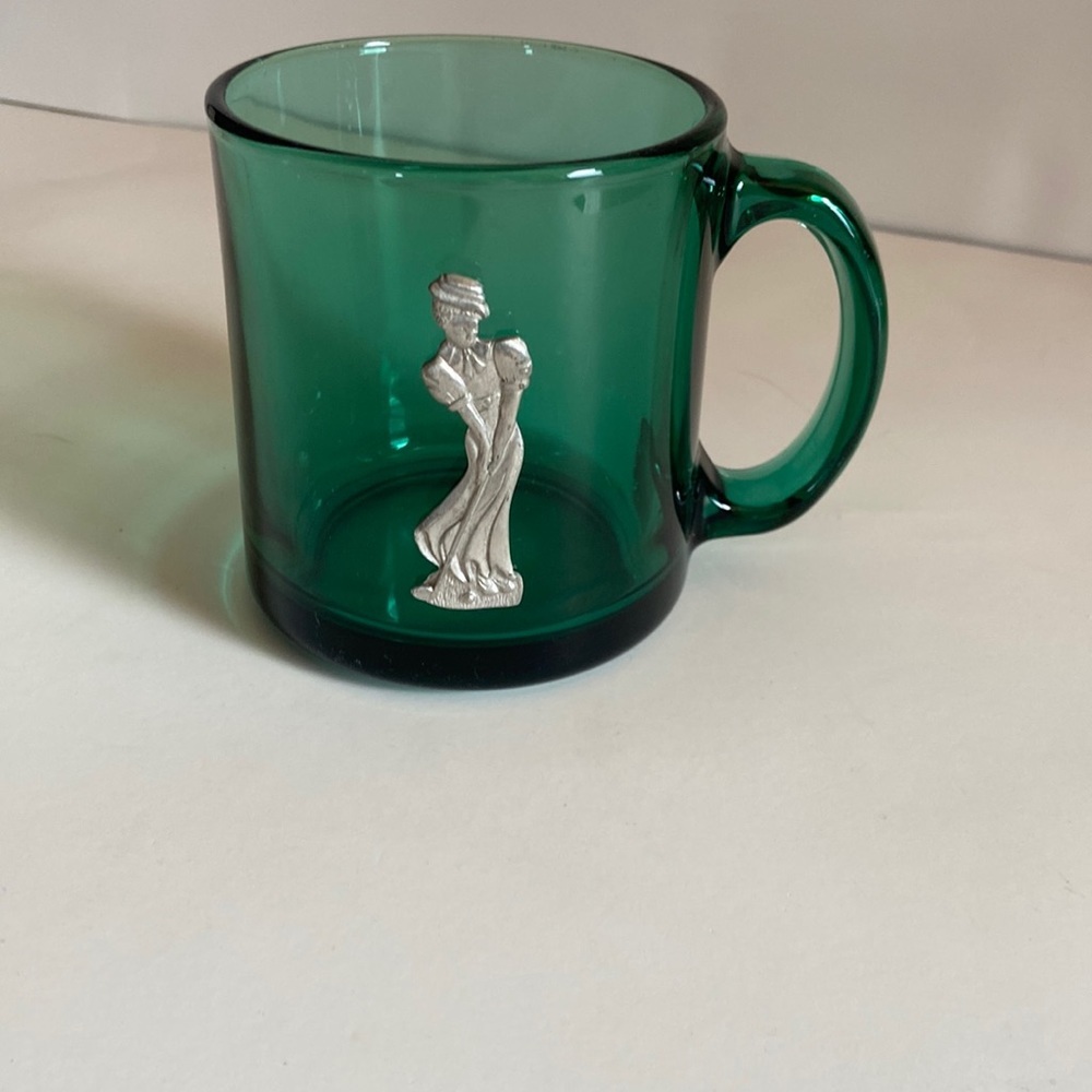 Vintage Heritage Glass Golf Mug Green Glass Pewter Victorian Golfer Home Glass